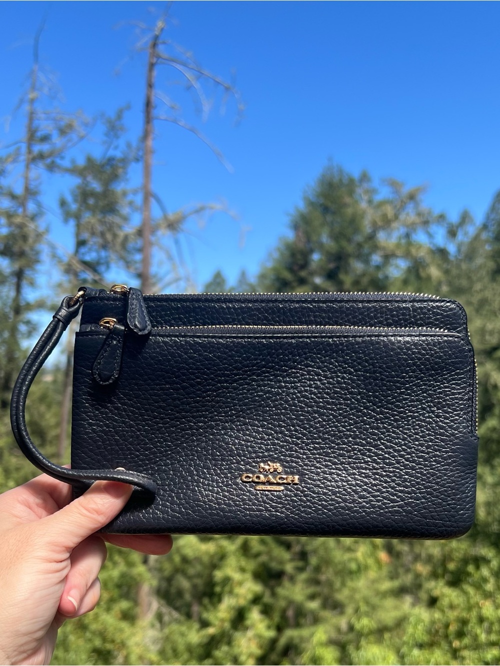 COACH Women's Double Zip Wallet Wristlet Navy Blue Pebbled Leather Gold Hardware